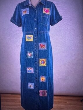 Vtg 90s Whimsical Embroidered Denim Maxi Dress